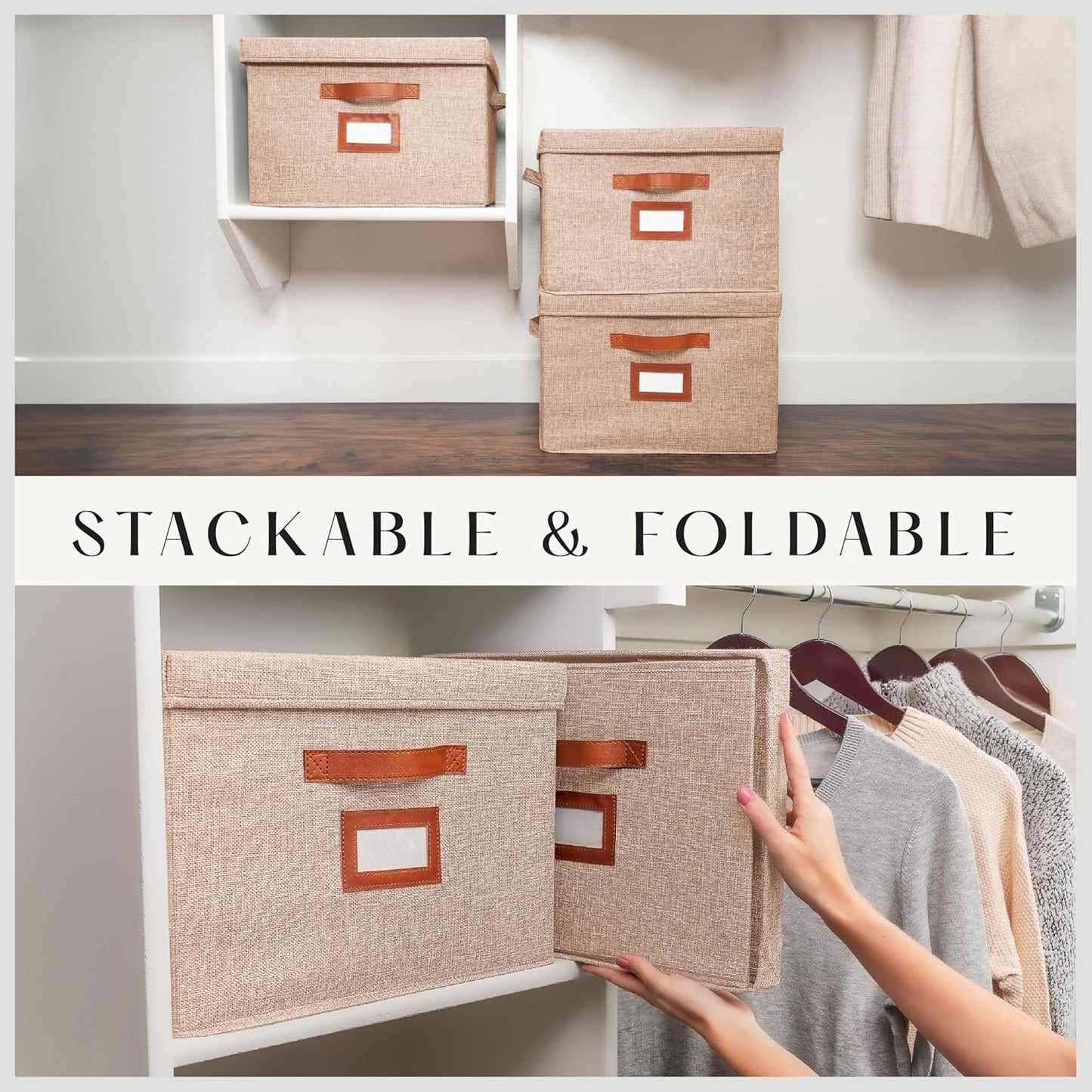 3 Pack Large Fabric Storage Box with Lid - Decorative Bin with Lid, Label Holder, Faux Handles - Large Decorative Storage Boxes with Lids for Organizing Clothes, Blankets - Oatmeal