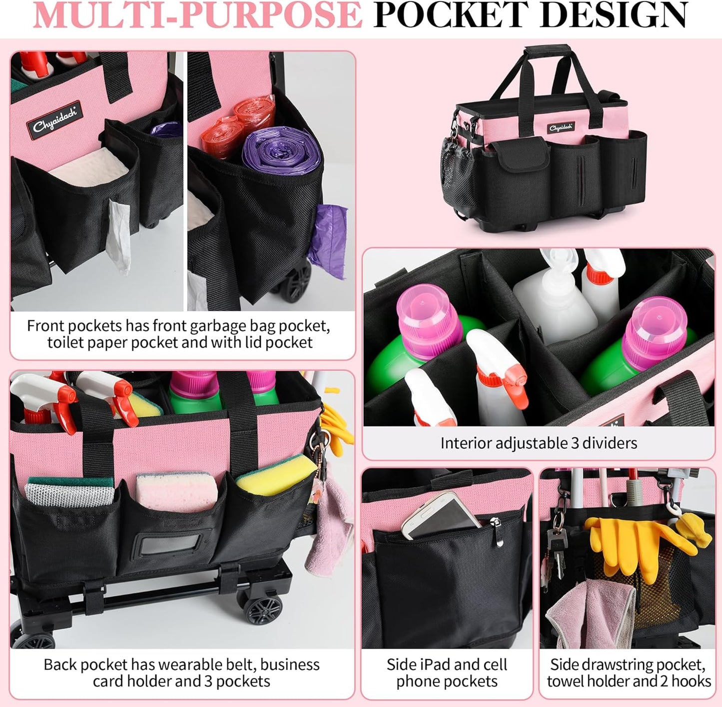 Rolling Cleaning Caddy, Cleaning Supplies Organizer with Trolley, Wearable Cleaning Tote Bag on Wheels with Hard Bottom, Cleaning Carts for Housekeepers/Home/Car/Office/Picnic (Pink)