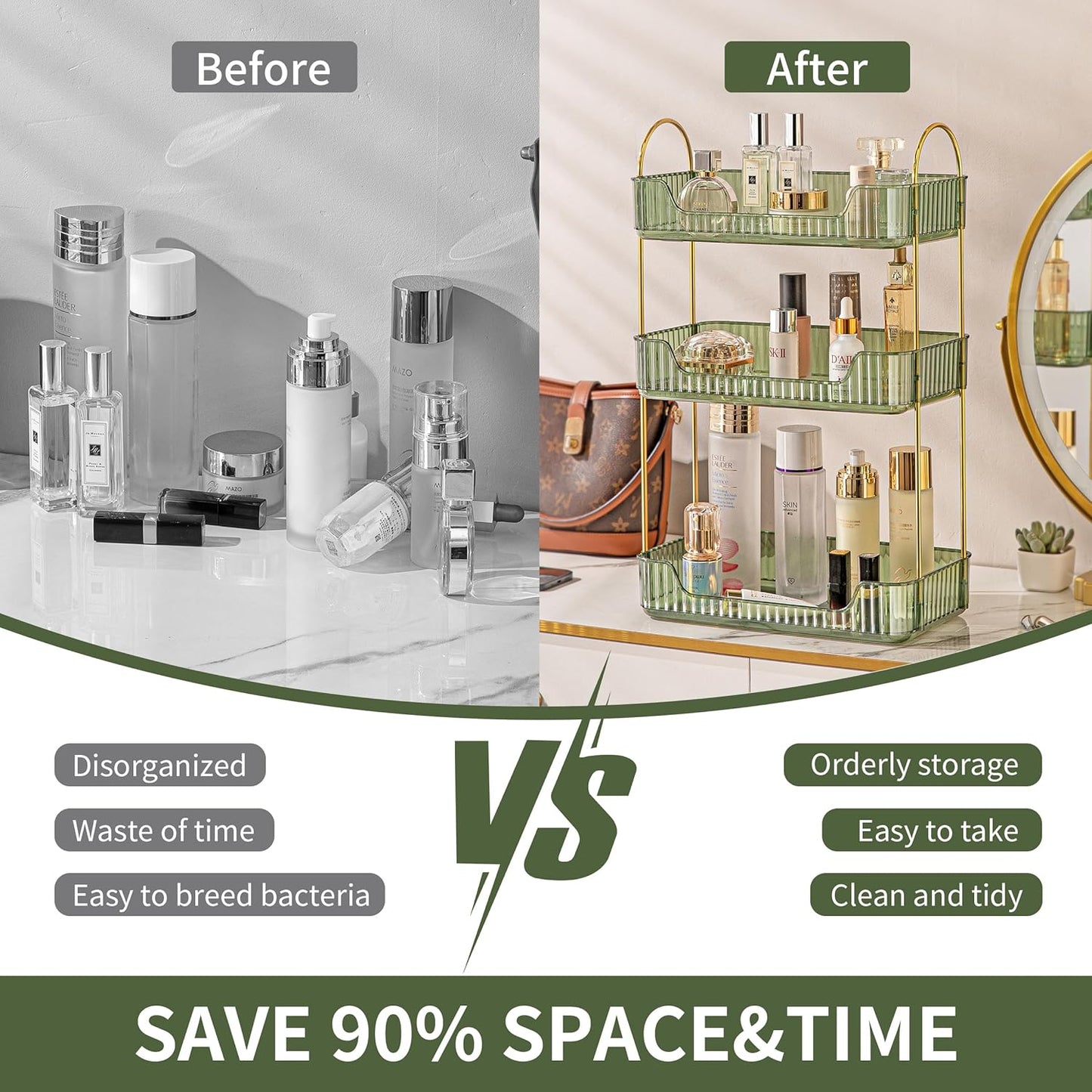 3 Tier Bathroom Organizer Countertop Makeup Perfume Tray Skincare Organizer for Bathroom Dresser Vanity (Green)