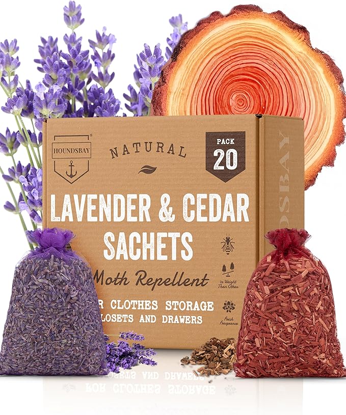 All-Natural Cedar and Lavender Sachet (20 Pack) with Hanger Hooks Included: 10 Lavender Sachets for Drawers and Closets, 10 Cedar Sachets Best Moth Repellent for Clothes
