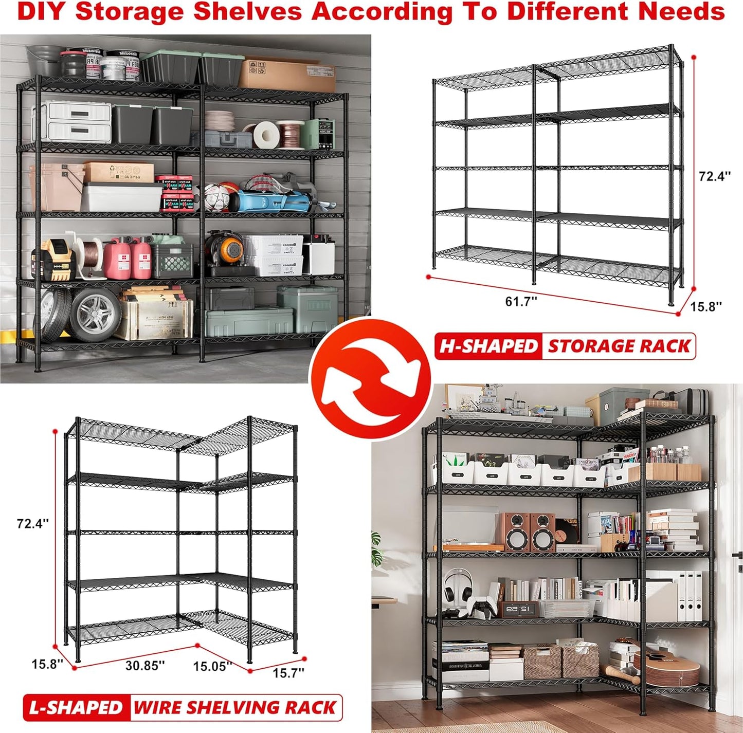 REIBII 1500LBS Storage Shelves Metal Shelving Unit 61.7''W Wire Shelving, 5 Tier Pantry Shelves Kitchen Shelves Adjustable Wire Shelf for Commercial Garage Shelving Heavy Duty, 61.7" W*72.4" H*15.8" D