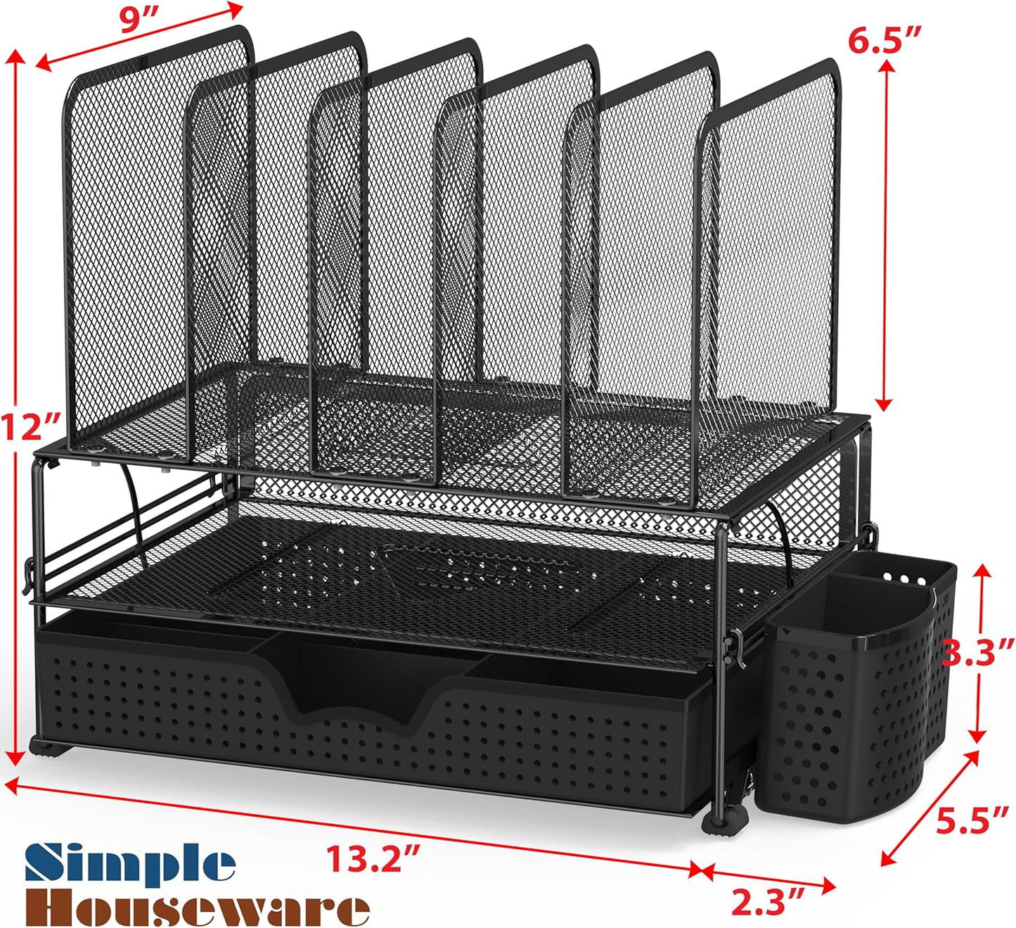 SIMPLE HOUSEWARE Mesh Desk Organizer with Sliding Drawer, Double Tray and 5 Upright Sections, Black