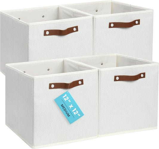 OrganiHaus White 12" x 12" x 12" Fabric Cube Storage Bins - Set of 4, Cube Fabric Organizer Bins with Vegan Handles, Kallax Storage Cubes, Cubbies Organizer Boxes, 12Inch Cubic Baskets for Shelves