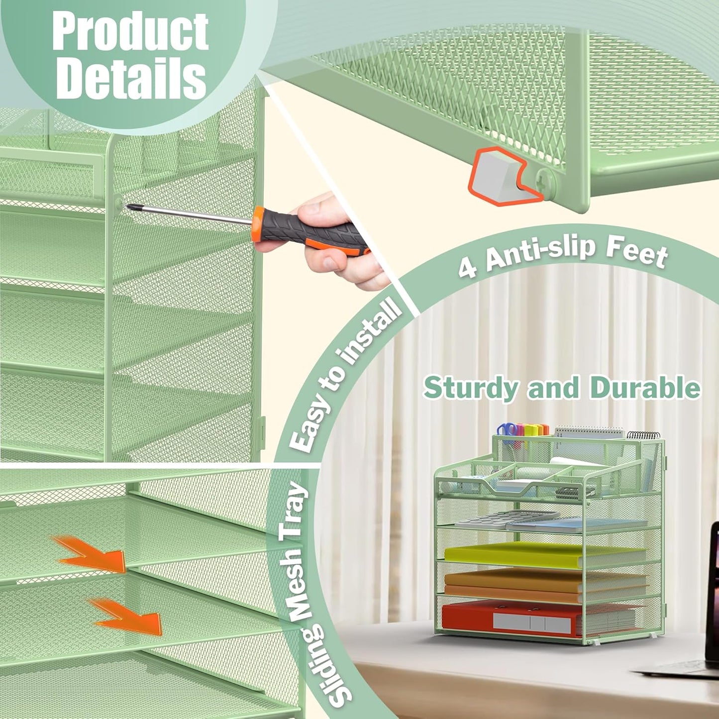 Docnest 5 Tier Mesh Desk Organizer for Paper Office Supplies – Multi-Functional Letter Tray with 5 Adjustable Compartments, 3 Pen Holders, Desktop Storage for Files, Mail, Stationery – Green