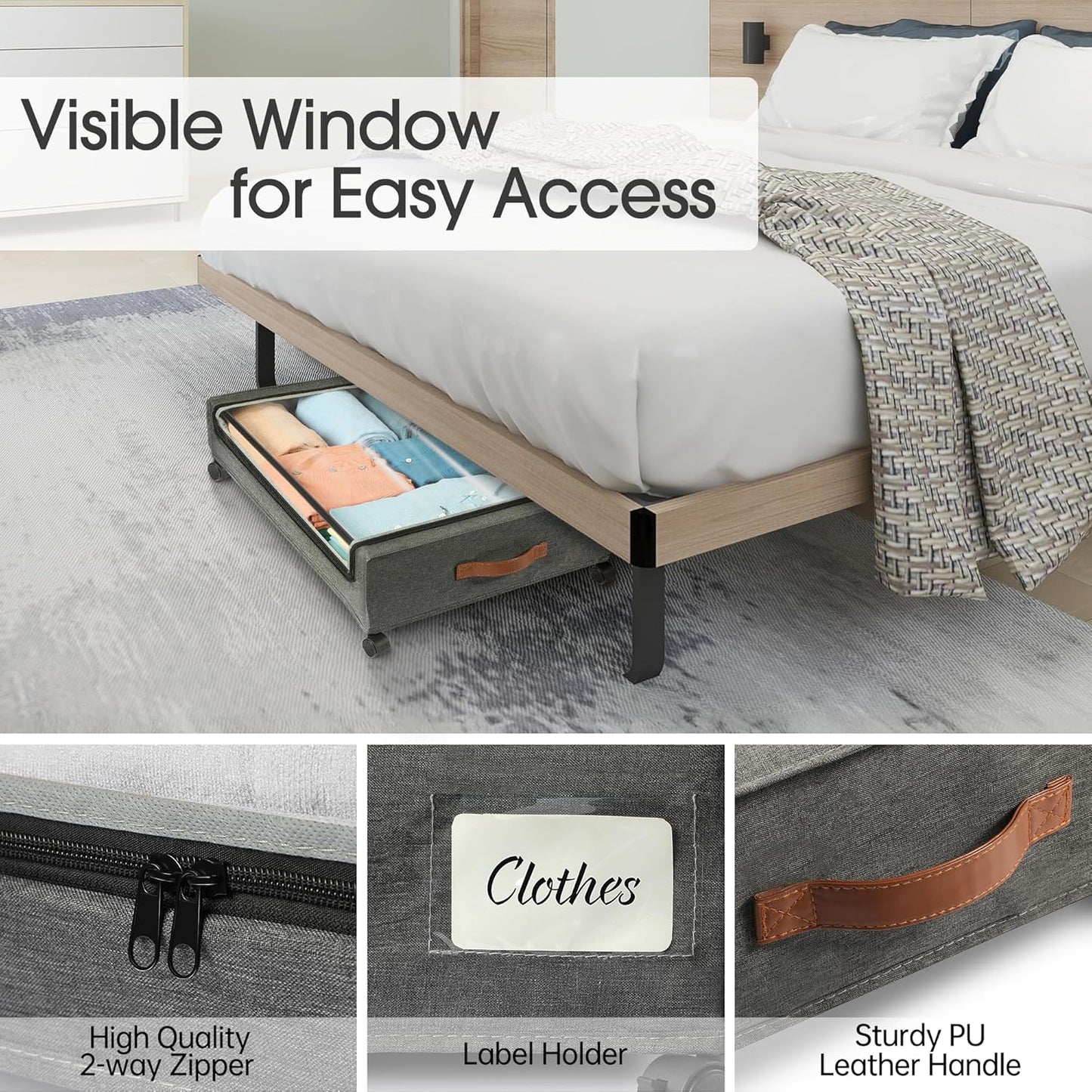 Yecaye Under Bed Storage with Wheels, 4 Pack 60L Under Bed Rolling Storage with Clear Window & Label, Underbed Storage Containers, Rolling Under Bed Metal Drawer for Clothes, Shoes, Books