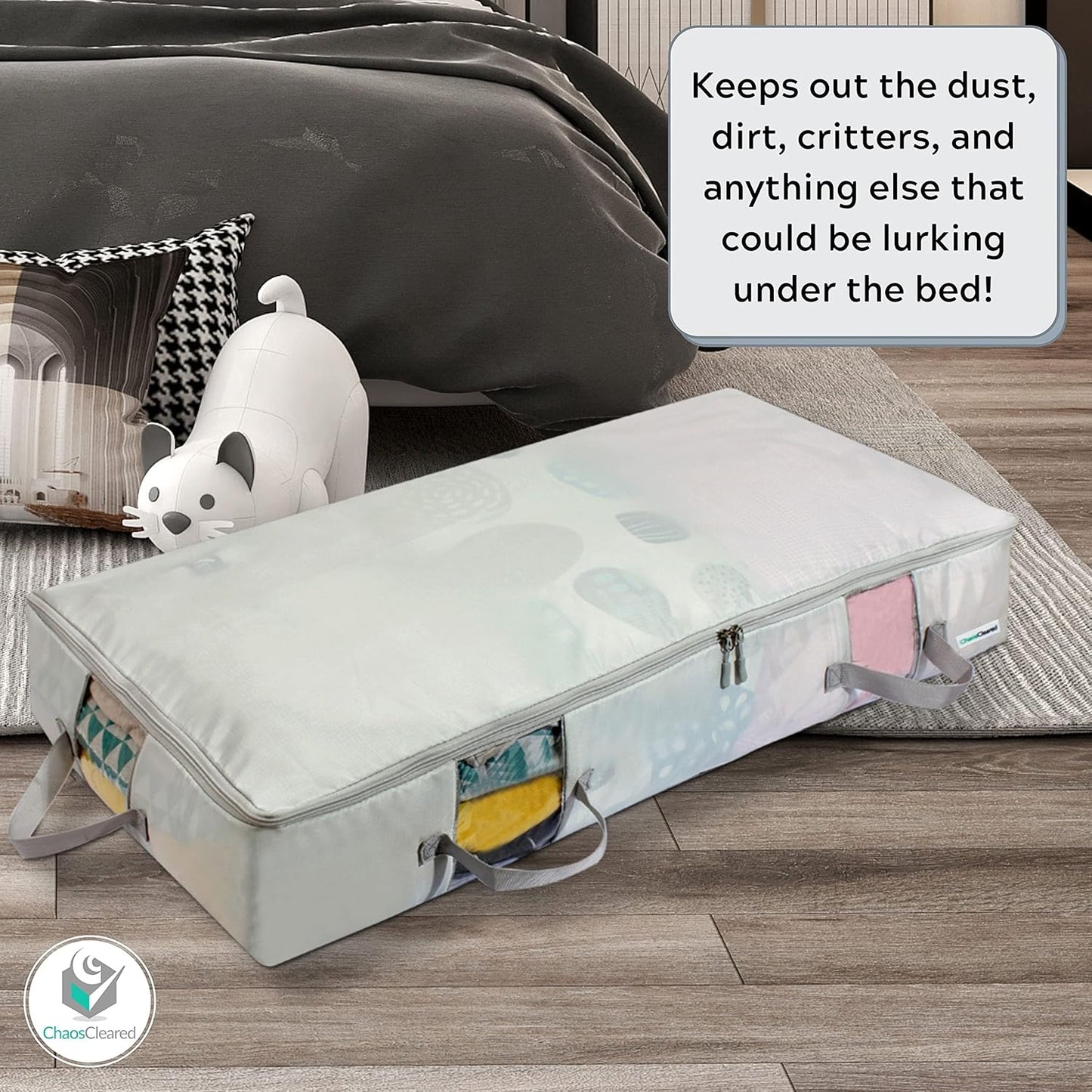 Under Bed Storage Containers for Toys, Clothes, Shoes etc. Underbed Organizer Bag that slides Under the bed without friction or wheels. Low profile 6 height is great for under the couch or other