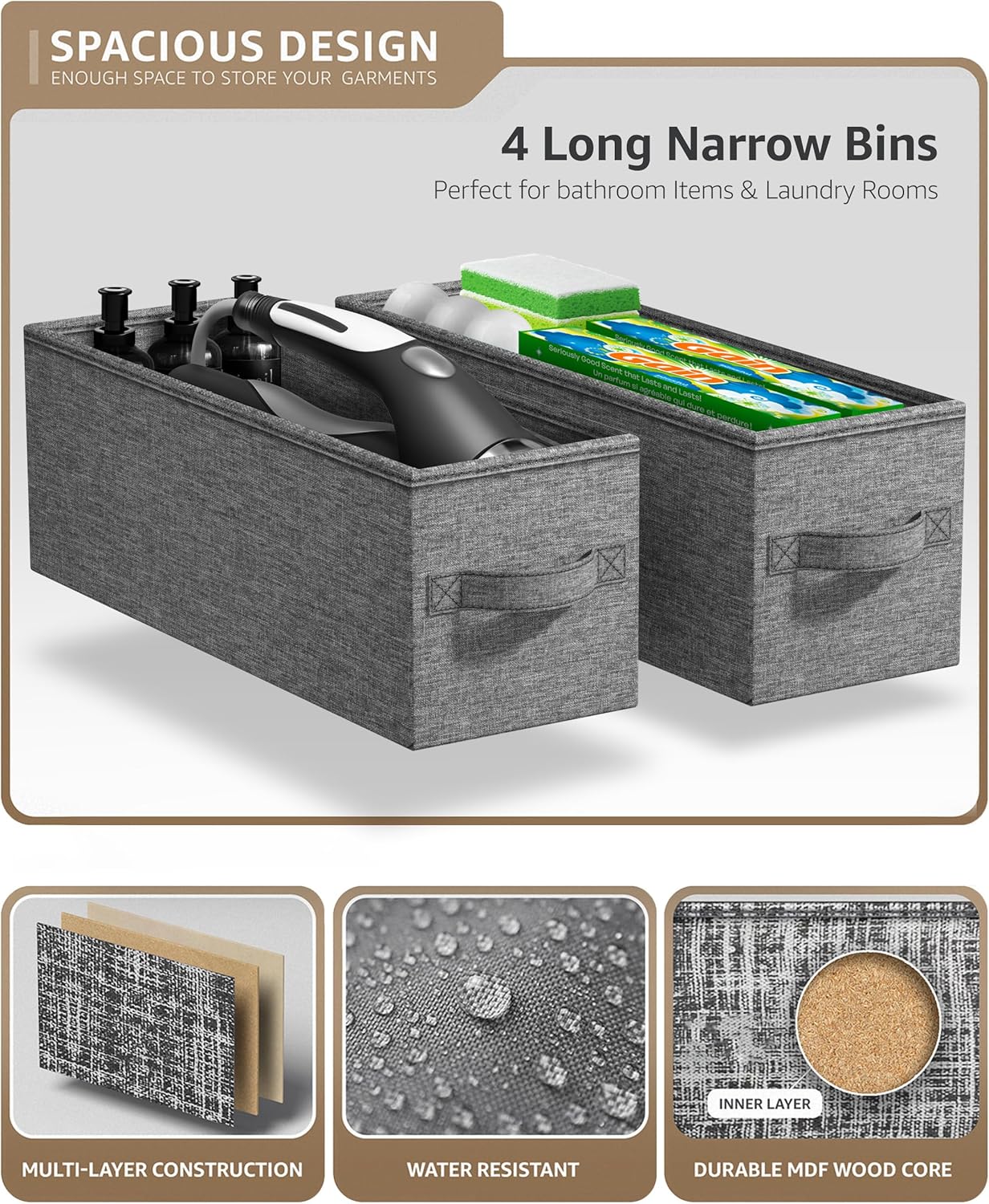 Sorbus Narrow Dresser with 4 Drawers - Vertical Slim Storage Chest of Drawers with Steel Frame, Wood Top & Easy Pull Fabric Bins for Small Spaces, Closets, Bedroom, Bathroom & Laundry (Beige)