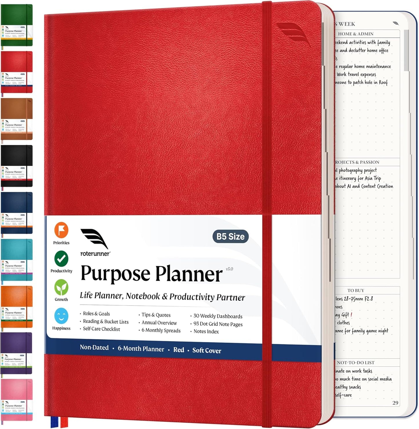Roterunner Purpose Planner Notebook B5 7.5”x9.8” Undated 2026 Daily Weekly and Monthly Productivity Goal Setting Tool for Work Home ADHD for Adults Self Care Journal