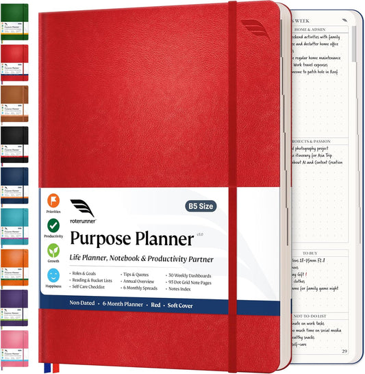 Roterunner Purpose Planner Notebook B5 7.5”x9.8” Undated 2026 Daily Weekly and Monthly Productivity Goal Setting Tool for Work Home ADHD for Adults Self Care Journal