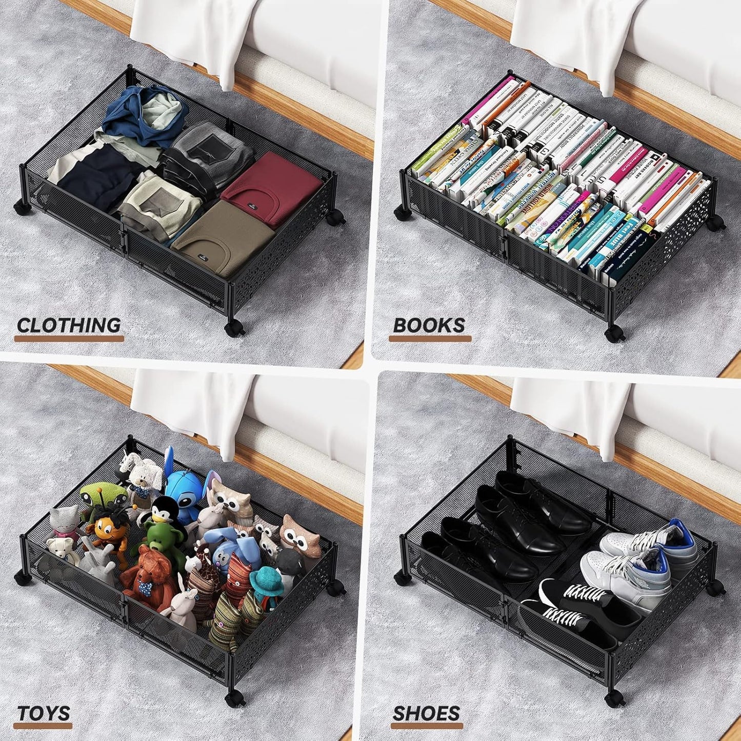 Under Bed Storage Containers with Wheels, Under Bed Shoe Storage Organizer Drawer, Tool-free Assembly Metal Storage Containers for Bedroom Clothes Shoes Blankets -2PCK