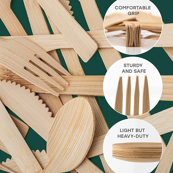 100% Bamboo Utensils - 360PCS Combo Pack Carbonized Disposable Cutlery Biodegradable and Sanitized - Heavy Duty & Fully Functional
