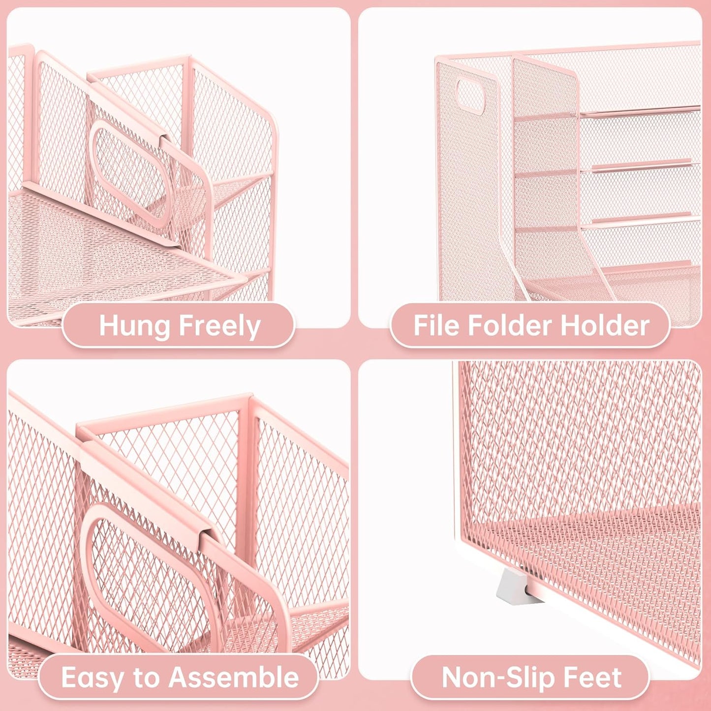 SUPEASY Desk Organizer with File Holder, 5-Tier Mesh Paper Organizer Letter Tray with Pen Holder and Drawer, Desk Organizers and Accessories with 3 Tilted File Sorter for Office Supplies, Pink
