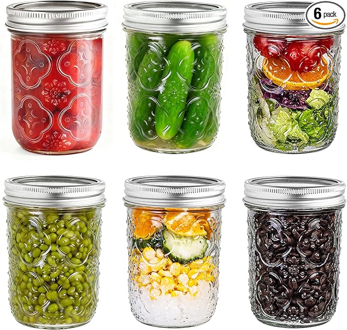 Mason Jars 16oz with Lids-6 Pack Wide Mouth Glass Mason Jar Vintage Glass Canning Jars with Metal Lids for Canning, Pickling, Food Storage