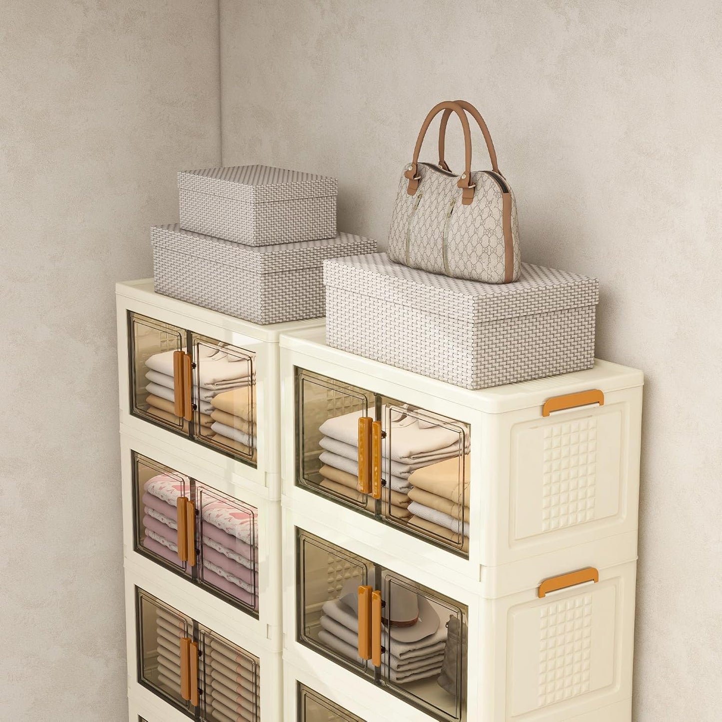 Plastic Stackable Storage Bins with Lids and Wheels, Foldable Closet Organizers and Storage Containers, Collapsible Clear Drawer Storage Cabinet with Doors White 89.6Gal