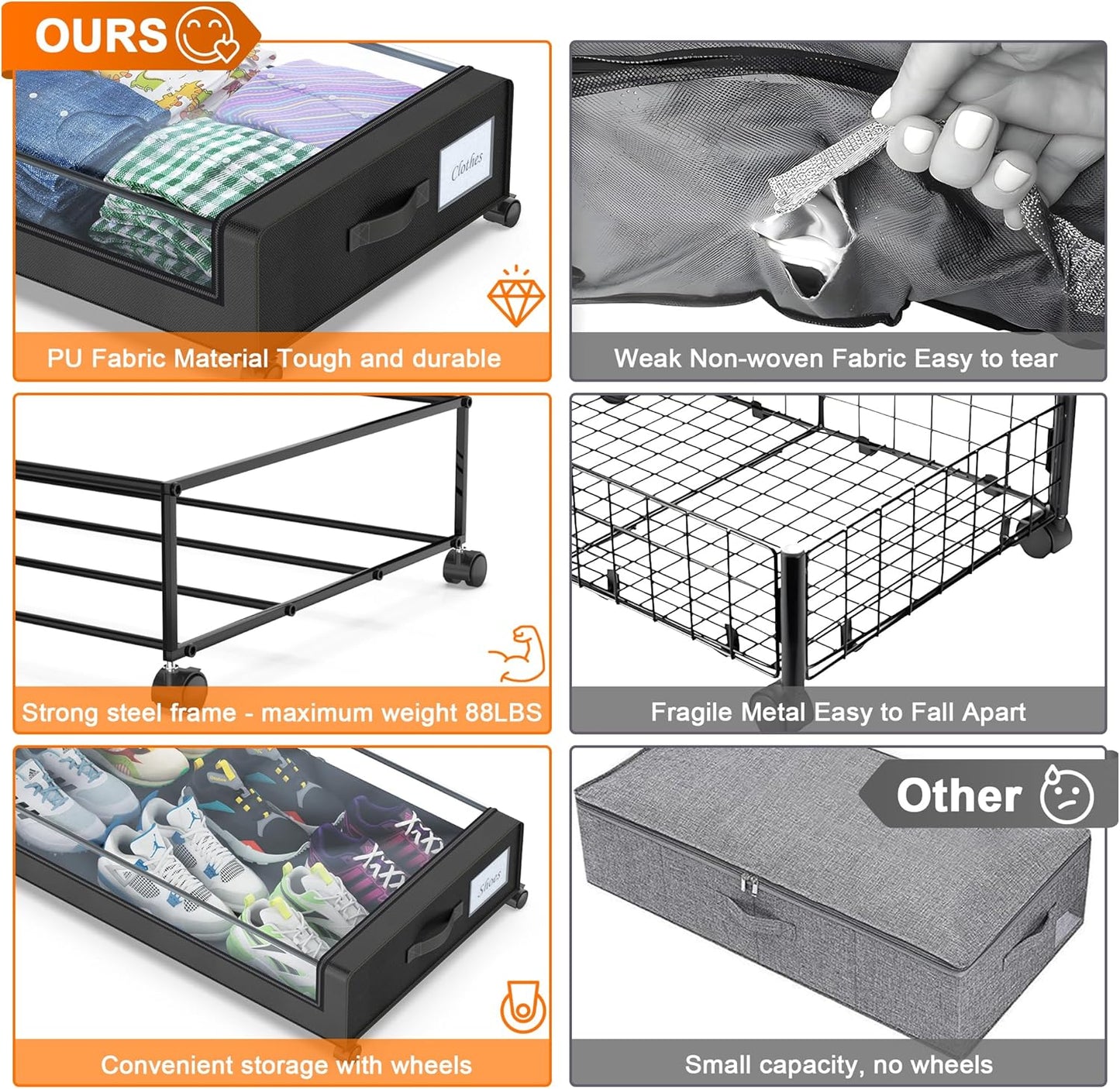 Under Bed Storage with Wheels, 4-Pack Under Bed Storage Containers with Clear Lids, XXL 60L Under the bed storage Organizer Bins, Rolling Under Bed Metal Drawer for Clothes,Shoes,Toys (Black)