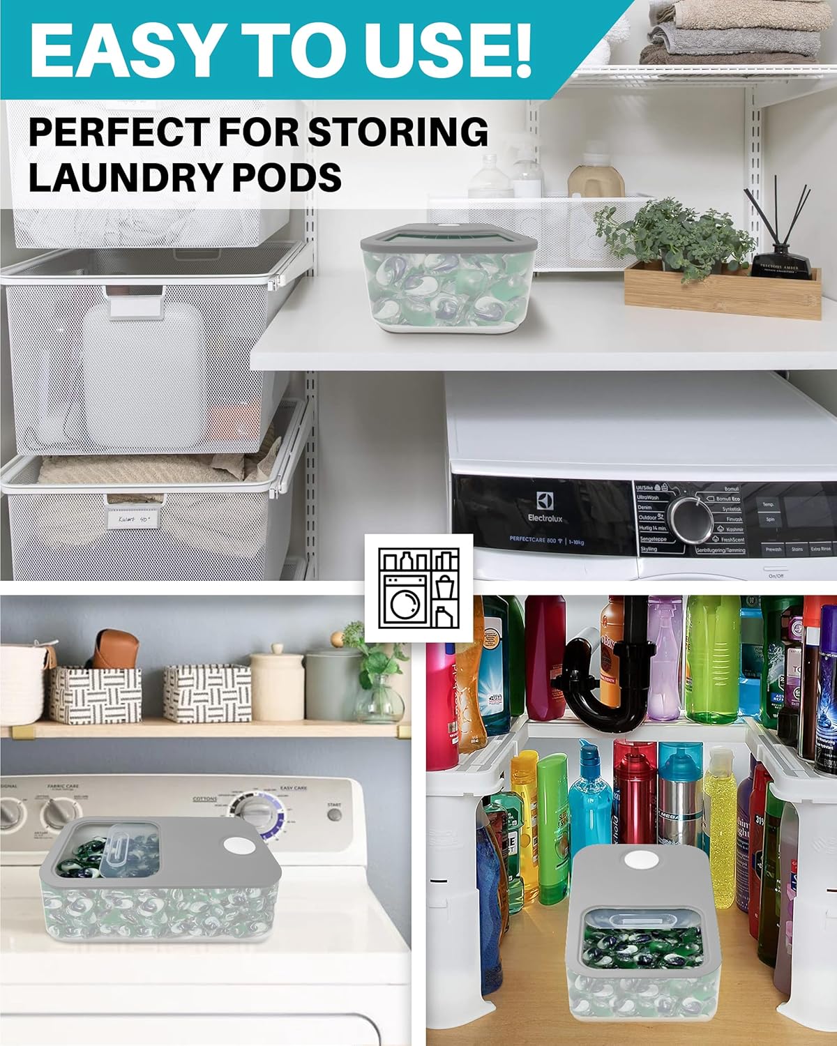 TidyFriend Laundry Pods Container with Slide Lid, 15"x8.7"x4.5", Airtight Storage Keeps Pods Fresh, Holds 9–10 lbs or 100–130 Pods, Laundry Detergent Container & Dishwasher Pod Holder (Clear & Grey)