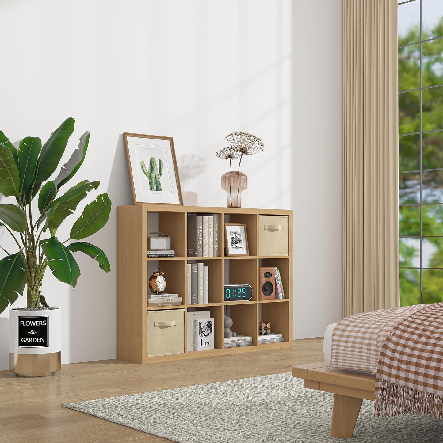 furtble Bookshelf with Storage Bin, 4-Cube Storage Organizer, Modern Wood Open Bookcase, Multifunctional Display Shelf for Living Room, Bedroom, Home Office, Oak