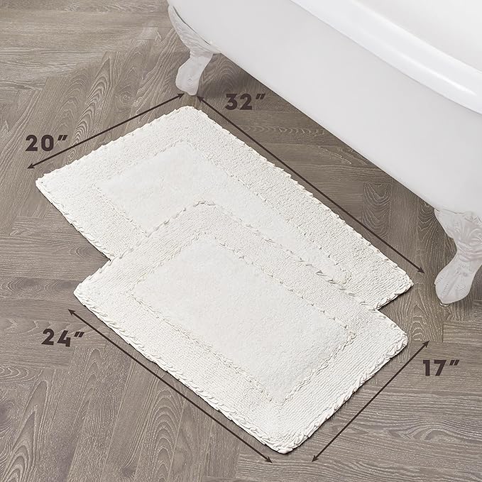 Laura Ashley Ruffle Border Ivory 17" x 24"/ 20" x 32" 100% Cotton Bath Rug Set