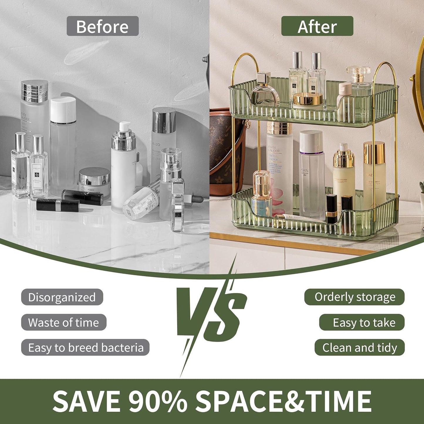 2 Tier Bathroom Organizer Countertop Makeup Perfume Tray Skincare Organizer for Bathroom Dresser Vanity (Green)