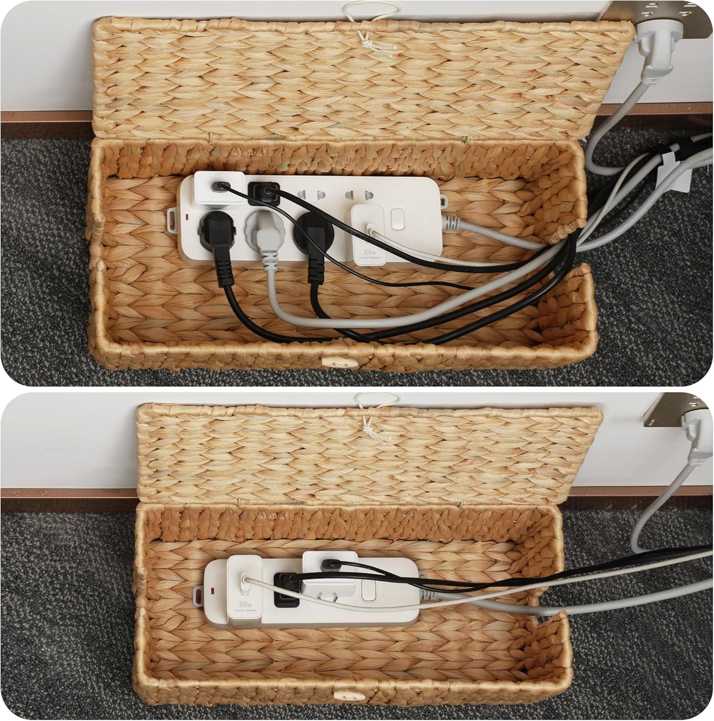Posprica Cable Management Box with Lid, 2Pack Handwoven Real Water Hyacinth Cord Hider Organizer Boxes, 2 Side Open Slots Storage Box to Hide Cords Power Strip for Desk, Floor, Office