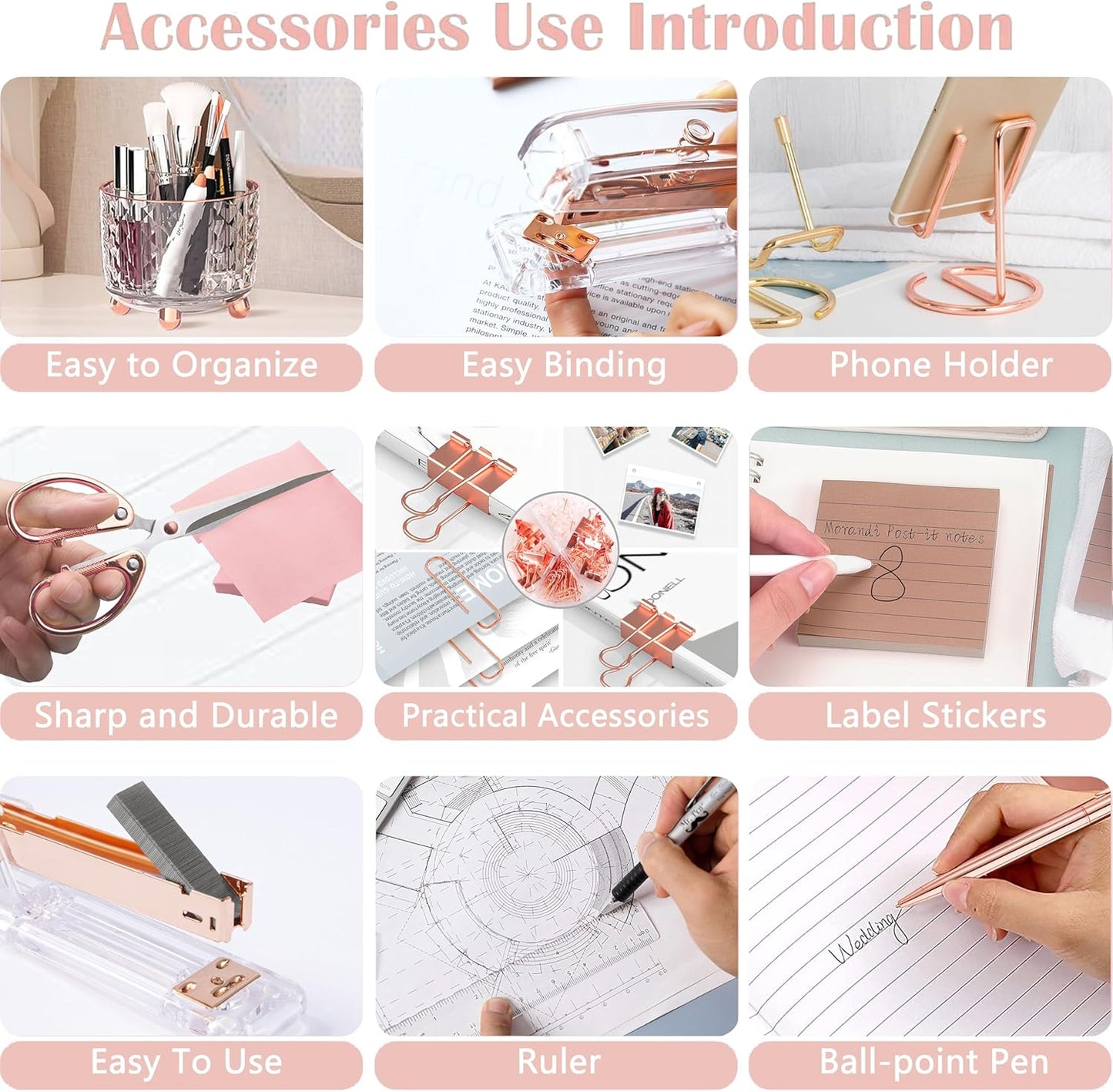 Rose Gold Desk Accessories, Office Supplies Desk Organizers 360°Pen Holder Acrylic Stapler Set, Phone Holder, Ballpoint Pen, Scissor, Binder Clips, Ruler, Transparent Glue, Sticky Note and Staples.