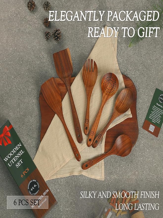 100% Natural Teak Wood Wooden Utensil Set – 6 Pcs Durable Kitchen Spoons for Cooking – Non-Stick & Heat Resistant, Eco-Friendly & Comfortable Grip