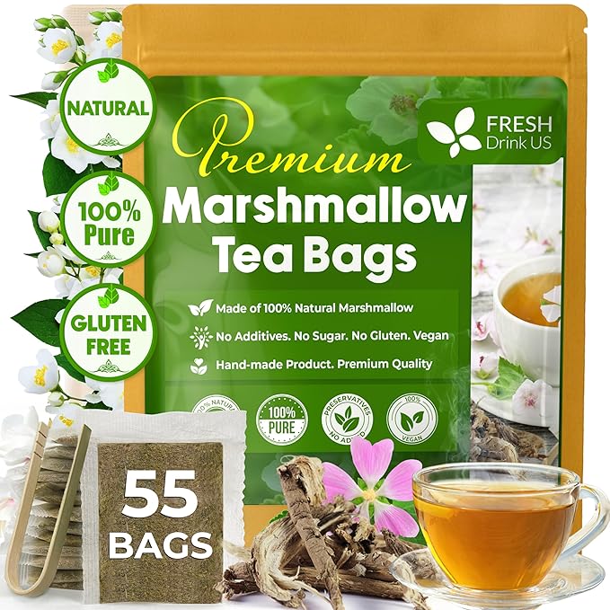 FreshDrinkUS, Premium 55 Marshmallow Root Tea Bags, 100% Natural & Pure from Marshmallow Root, Eco-Conscious Tea Bags, Herbal Tea. No Sugar, No Caffeine, No Gluten, Vegan.