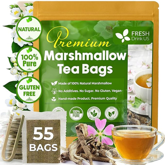 FreshDrinkUS, Premium 55 Marshmallow Root Tea Bags, 100% Natural & Pure from Marshmallow Root, Eco-Conscious Tea Bags, Herbal Tea. No Sugar, No Caffeine, No Gluten, Vegan.