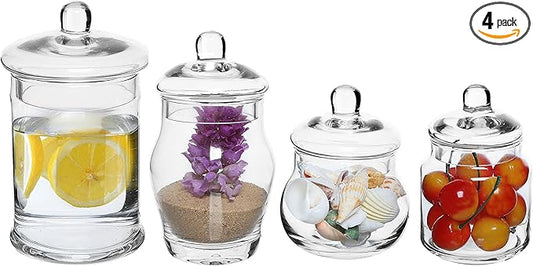MyGift Small Decorative Glass Apothecary Candy Jars, Small Storage Canisters with Lids, Set of 4