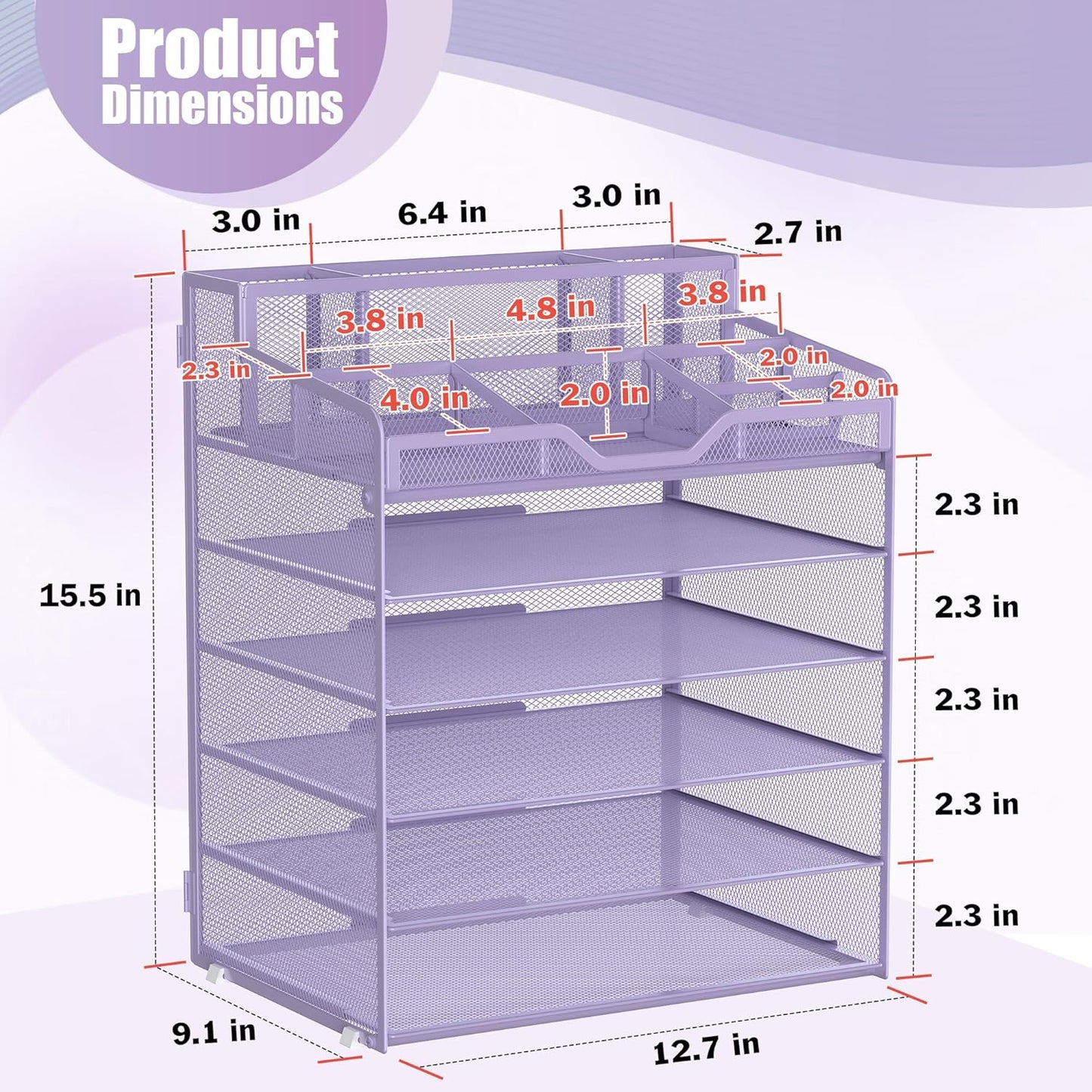 Docnest 6 Tier Mesh Desk Organizer for Paper Office Supplies – Multi-Functional Letter Tray with 5 Adjustable Compartments, 3 Pen Holders, Desktop Storage for Files, Mail, Stationery – Purple