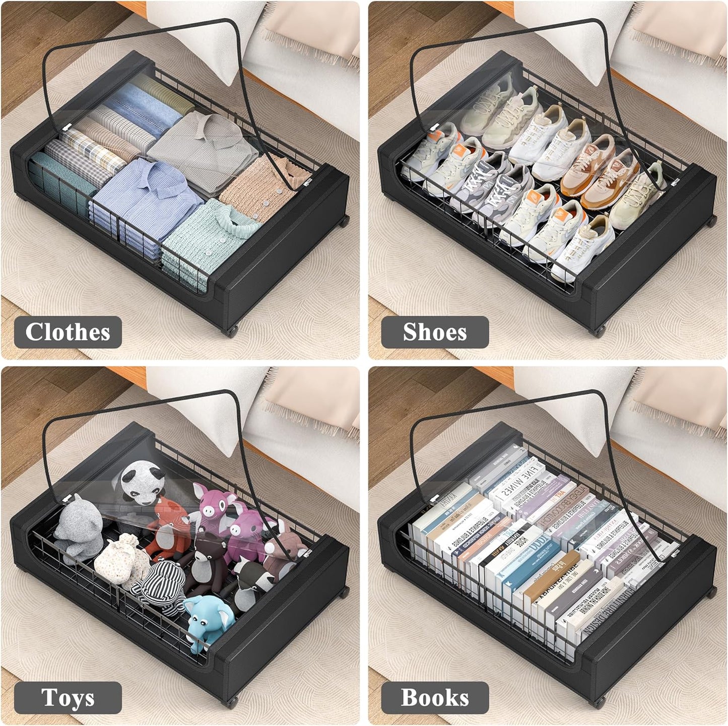 Under Bed Storage with Wheels and Cover, 360° Rolling Under Bed Metal Drawers for Clothes, Blankets, Books and Shoes,Black