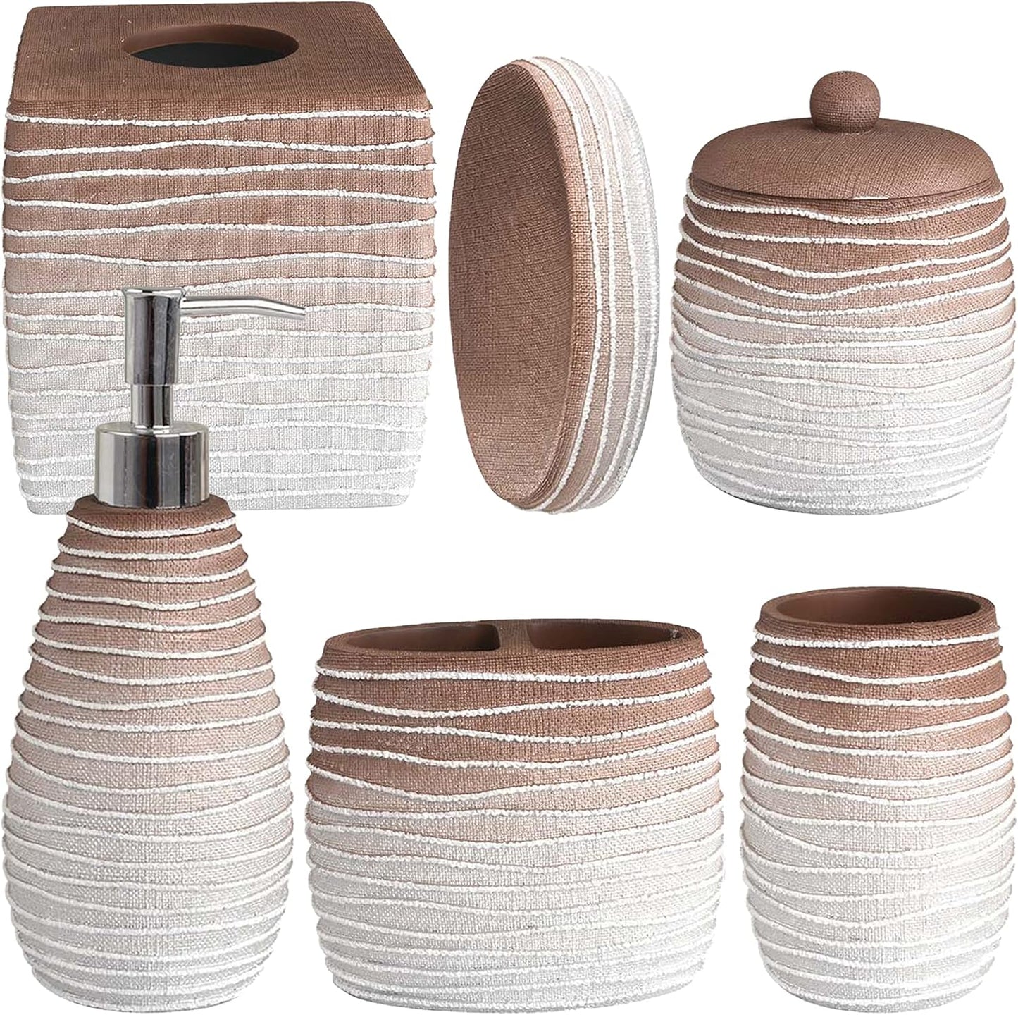 6-Piece Bathroom Accessories Set – Soap Dispenser, Toothbrush Holder, Tumbler, Soap Dish, Cotton Swab Jar & Toilet Brush – Modern Bathroom Decor Set (Antonetta)