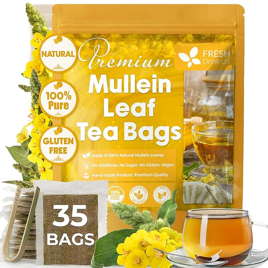 FreshDrinkUS, Premium 35 Mullein Leaf Tea Bags For Lung, 100% Natural & Pure from Mullein Leaves. Loose Leaf Mullein Herbal Tea. Made with Natural Material Tea Bags. No Sugar, No Caffeine, No Gluten, Vegan.