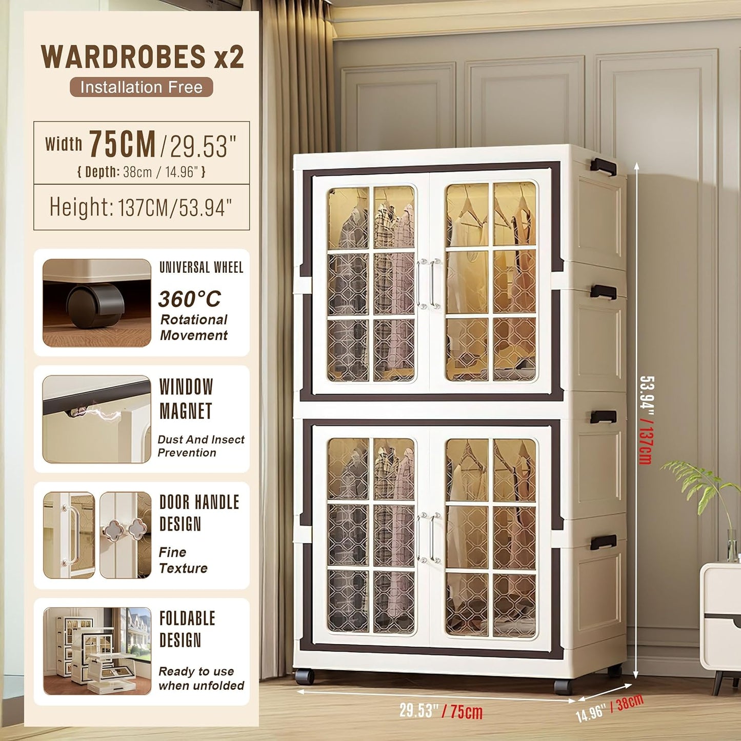 Large Stackable Storage Bins with Lid, Plastic Collapsible Cabinet with Wheels, Large Closet Organizer, Foldable Storage Cabinet for Home and Office Dorm Organizer Essential