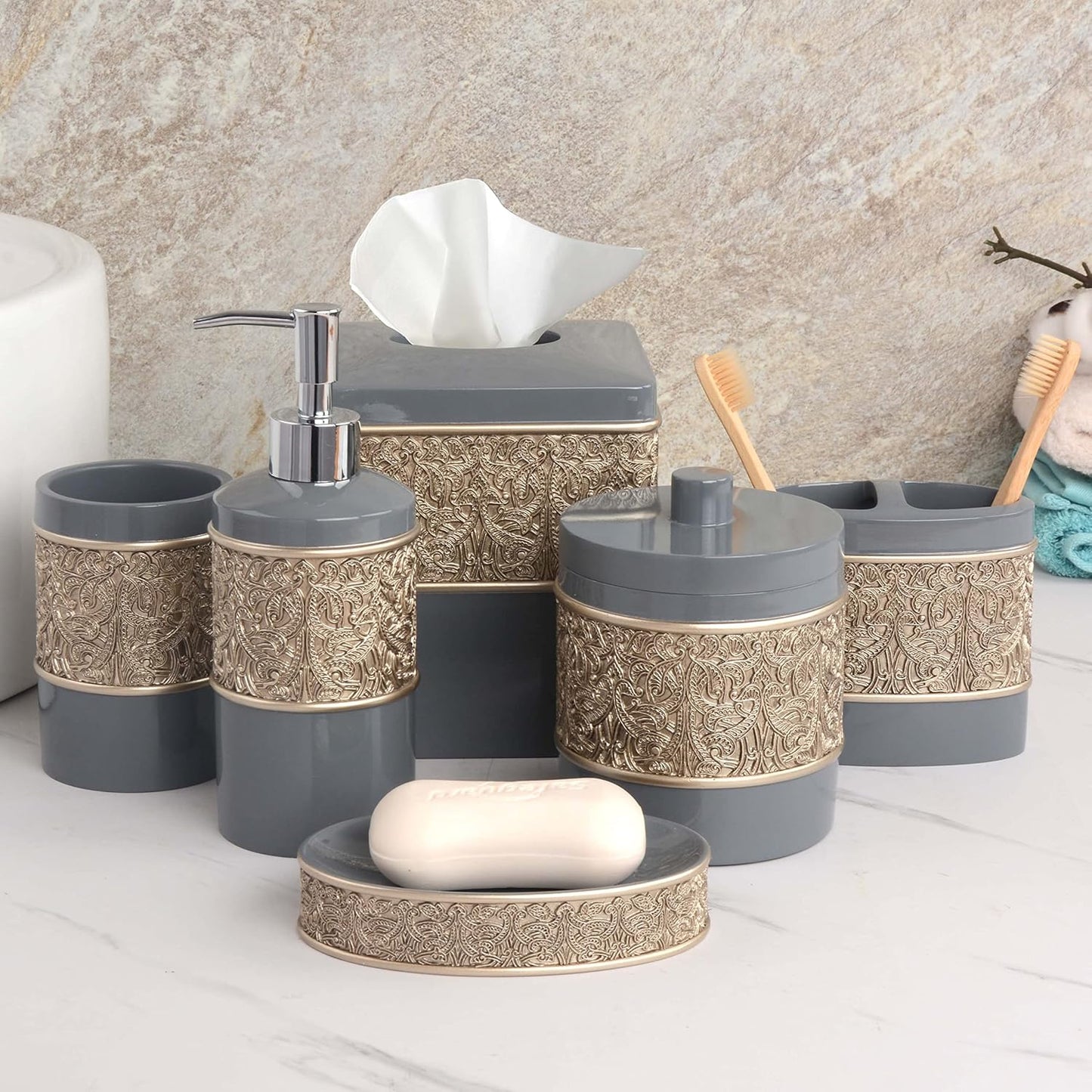 6-Piece Bathroom Accessories Set – Soap Dispenser, Toothbrush Holder, Tumbler, Soap Dish, Cotton Swab Jar & Toilet Brush – Modern Bathroom Decor Set (Gold Grey)