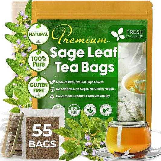 FreshDrinkUS, Premium 55 Sage Leaf Tea Bags, 100% Natural & Pure from Sage Leaves. Loose Leaf Herbal Tea. Made with Natural Material Tea Bags. No Sugar, No Caffeine, No Gluten, Vegan.