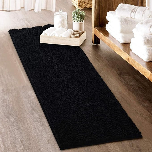 KGORGE Black Bath Mat - Large Soft Bathroom Rugs Non-Slip Thick Shaggy Floor Cover Water Absorbent Quick Drying Shower Carpet for Toilet Kitchen Door Way, 60" x 24", 1 Pc
