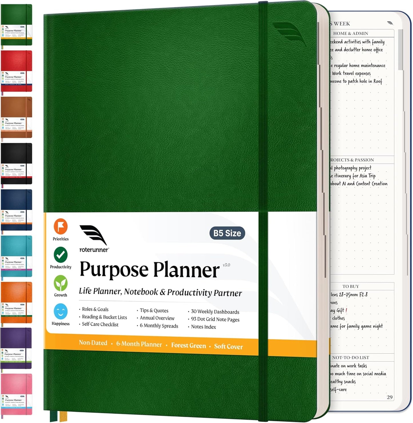 Roterunner Purpose Planner Notebook B5 7.5”x9.8” Undated 2026 Daily Weekly and Monthly Productivity Goal Setting Tool for Work Home ADHD Planner for Adults Self Care Journal