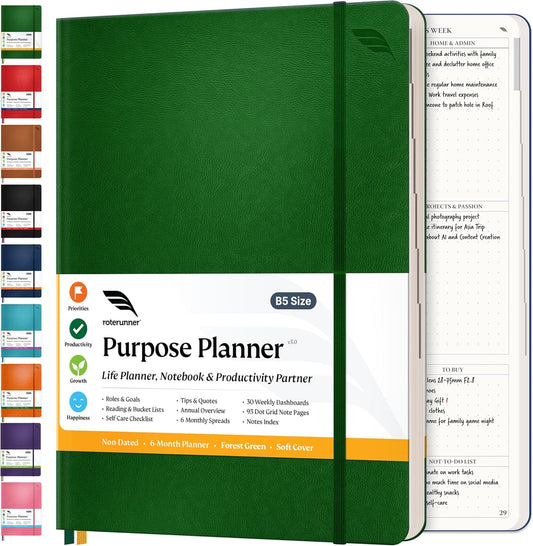 Roterunner Purpose Planner Notebook B5 7.5”x9.8” Undated 2026 Daily Weekly and Monthly Productivity Goal Setting Tool for Work Home ADHD Planner for Adults Self Care Journal