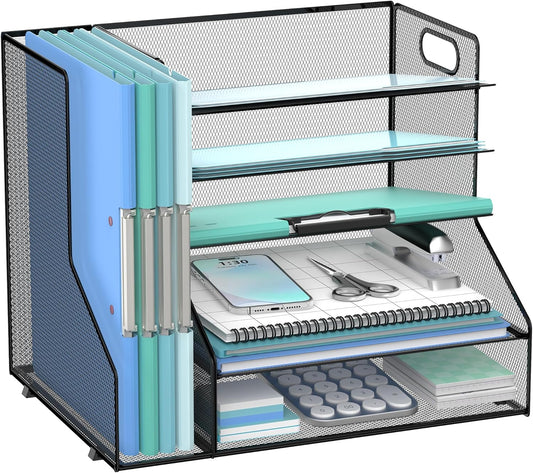 SUPEASY Desk Organizer with File Holder, 5-Tier Mesh Paper Letter Tray with Magazine Holder, Desktop Organizer and Storage for Desk Accessories Office Supplies, Black