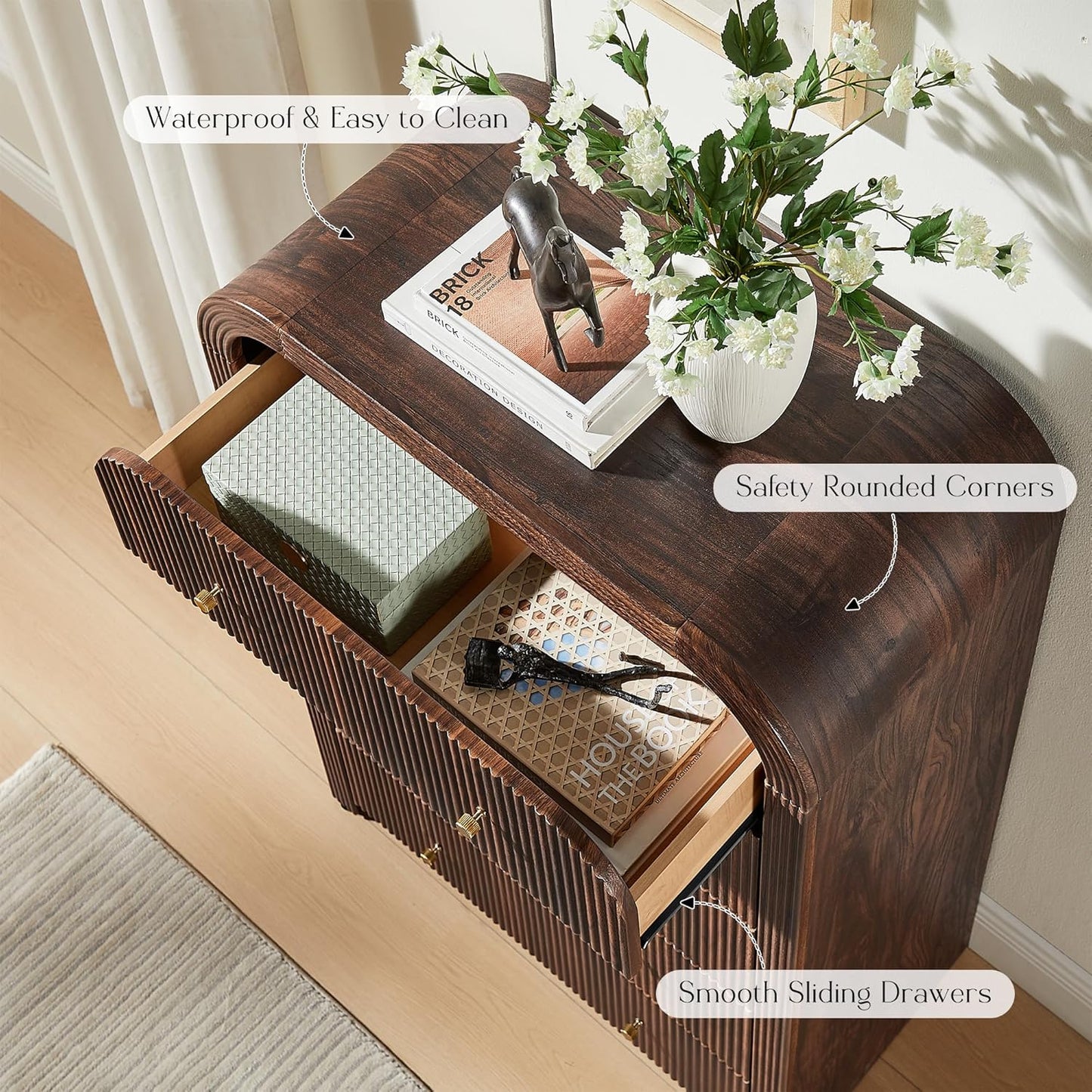 T4TREAM Fluted 5 Drawers Dresser, 48" Tall Modern Chest of Drawers with Thickened Curved Profile Design, Wood Closet Clothes Storage Organizer for Bedroom, Living Room, Hallway, Dark Walnut