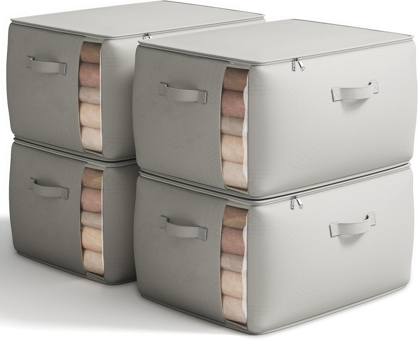 Vailando Large Canvas Comforter Storage Bags Closet Organizer for Clothes Sweater Clothes Organizer with Dual Zipper Three Carrying Handles for Blanket Closet Storage Container, 4 Pack, Grey