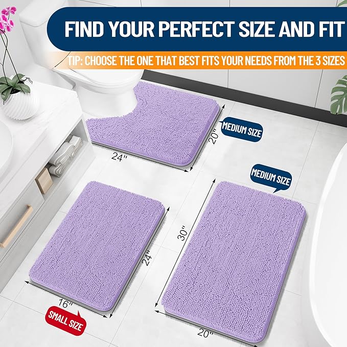 OLANLY Toilet Rugs U-Shaped 24x20, Extra Soft Absorbent Chenille Contour Bathroom Rugs for Toilet, Dry Quickly, Machine Washable, Non-Slip Bath Mat, Lavender