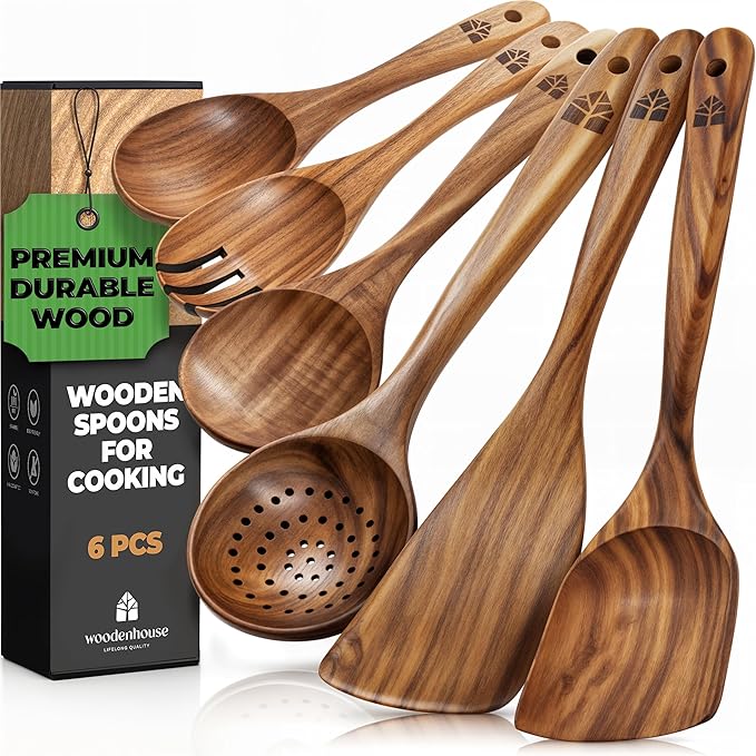 Wooden Spoons for Cooking – Wooden Kitchen Utensils Set, 6 Pcs Teak Wood Utensil Set – Comfortable Grip Non–Stick Wooden Cooking Utensils - Kitchen Gifts for Women Men, Cooking Gifts for Men Women
