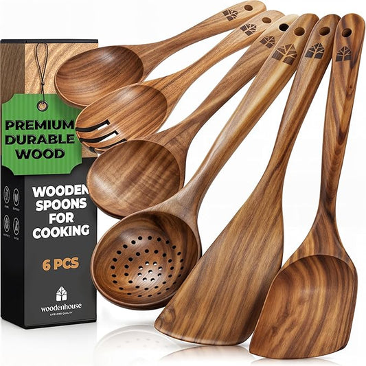 Wooden Spoons for Cooking – Wooden Kitchen Utensils Set, 6 Pcs Teak Wood Utensil Set – Comfortable Grip Non–Stick Wooden Cooking Utensils - Kitchen Gifts for Women Men, Cooking Gifts for Men Women