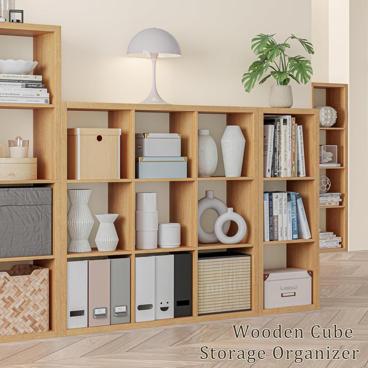 Cube Storage Organizer Bookcase, Decorative 11 inch Open Back Cubical Shelf with Thickened Border, Display Bookshelf for Living Room, Home Office, Sturdy Room (Natural Oak, 9 Cube)