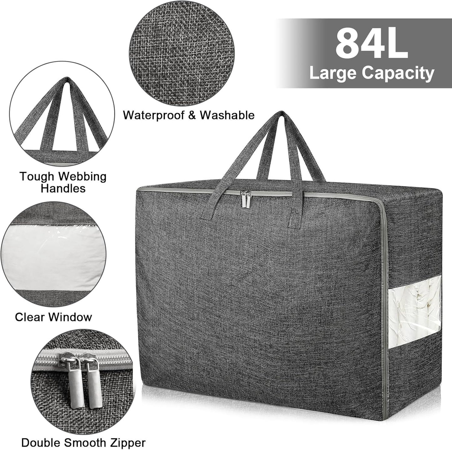 84L Extra Large Storage Bags, Folding Moving Comforter Blanket Storage Bags Closet Organizers and Storage Containers with Strong Handles&Zippers Clear Window for Clothes Bedding Pillow, Black
