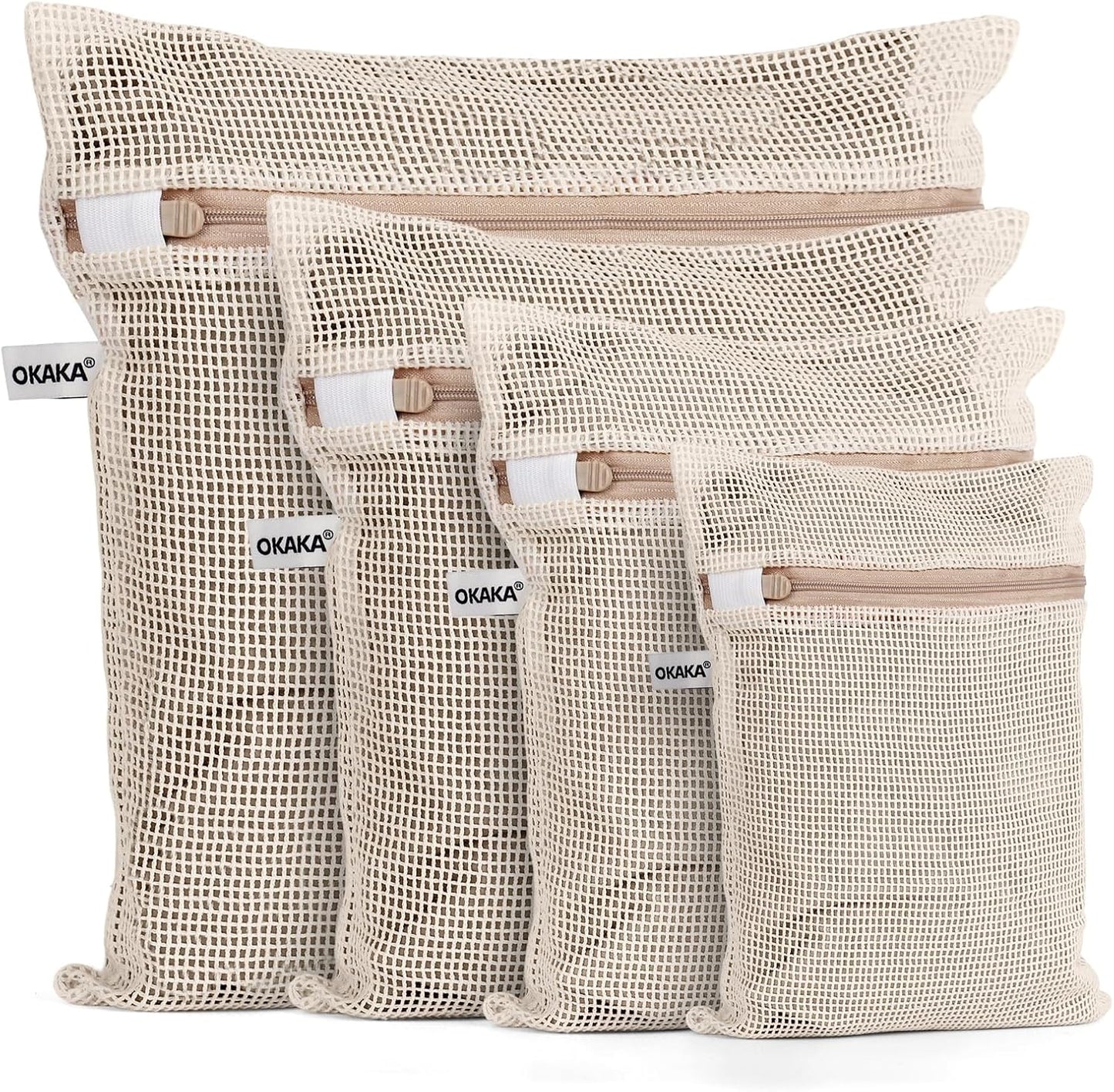 100% Cotton Mesh Laundry Bags, Premium Soft, No Dye, Set of 4, Natural