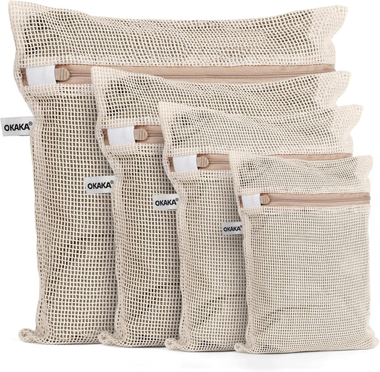 100% Cotton Mesh Laundry Bags, Premium Soft, No Dye, Set of 4, Natural