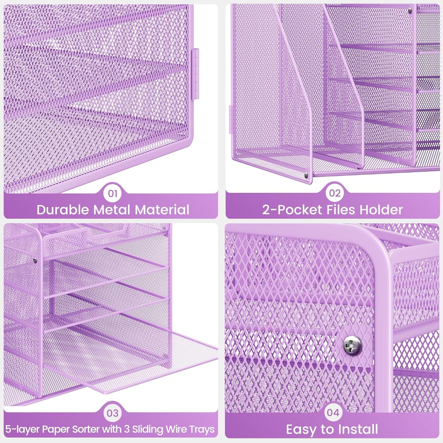 Lavatino 5-Tier Desk Organizer with 2 File Holders, Metal Adjustable Paper Letter Tray for Office or Home Desk Organizers and Accessories | 7 Flexible Dividers Keep Workspace Supplies Neat, Purple